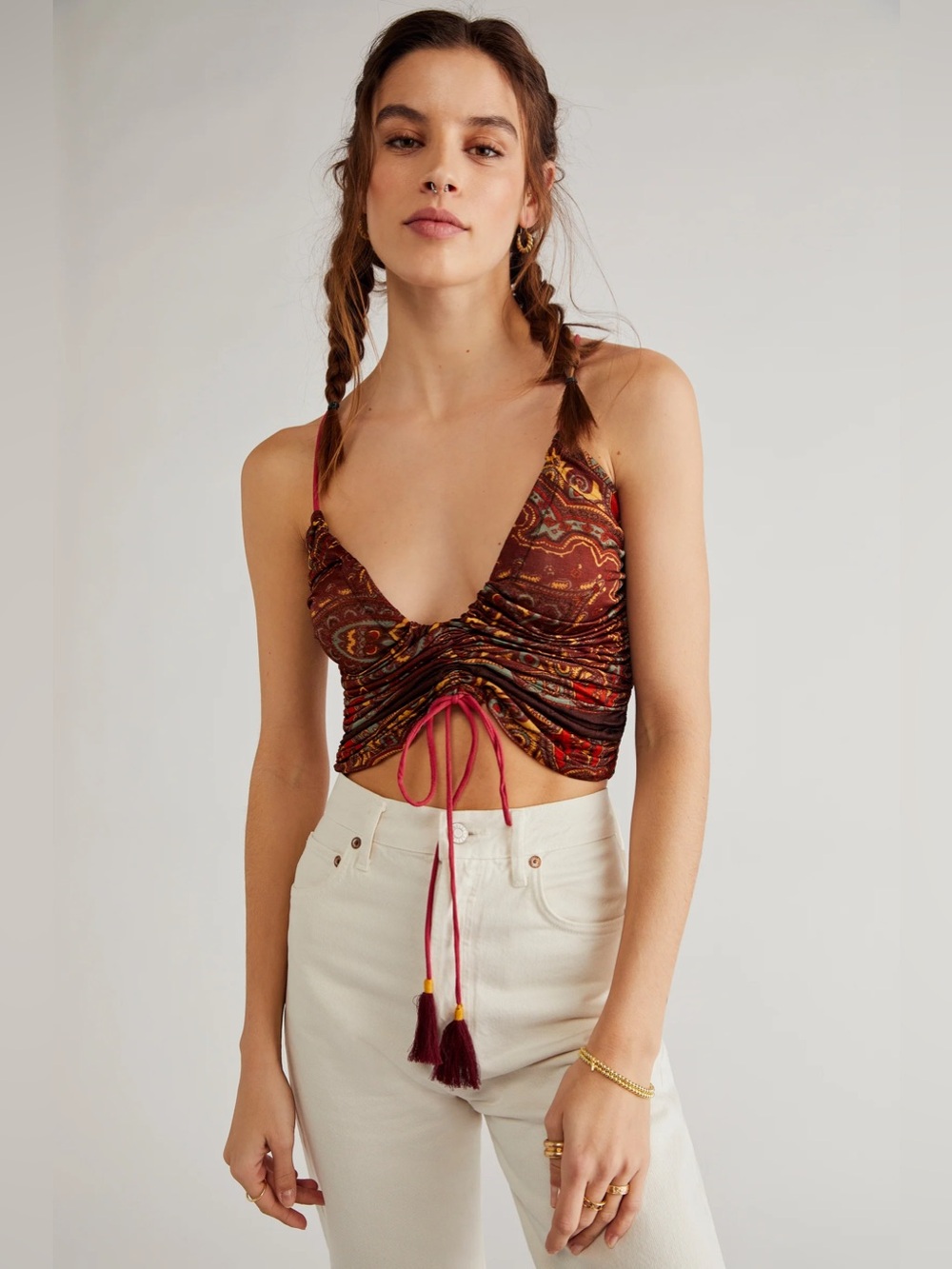 Free People Cocktail Queen Tank Paisley Ruched Crop Top Size Small NWOT